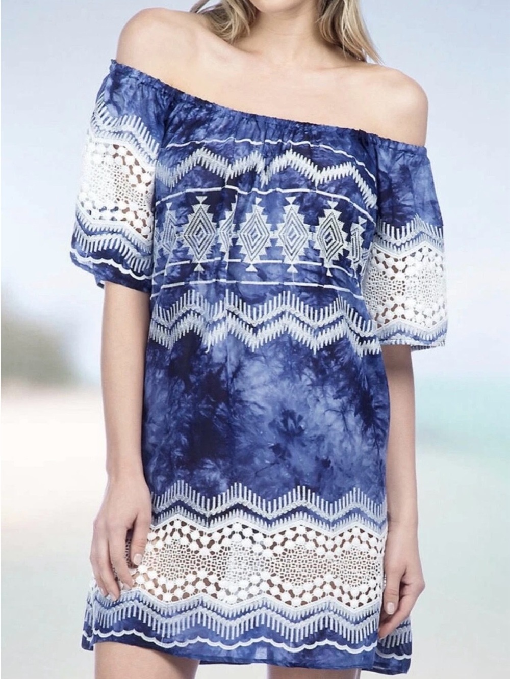 La Blanca Blue Tie-Dye Off-Shoulder Crochet Trim Dress/cover-up